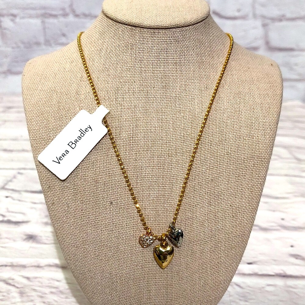 Vera Bradley Gold Copper and Silver Toned Heart Charm Necklace adjustable 12”